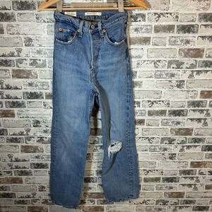 Levis Premium Ribcage Straight Jeans Womens 24 Medium Wash Distressed Ultra High